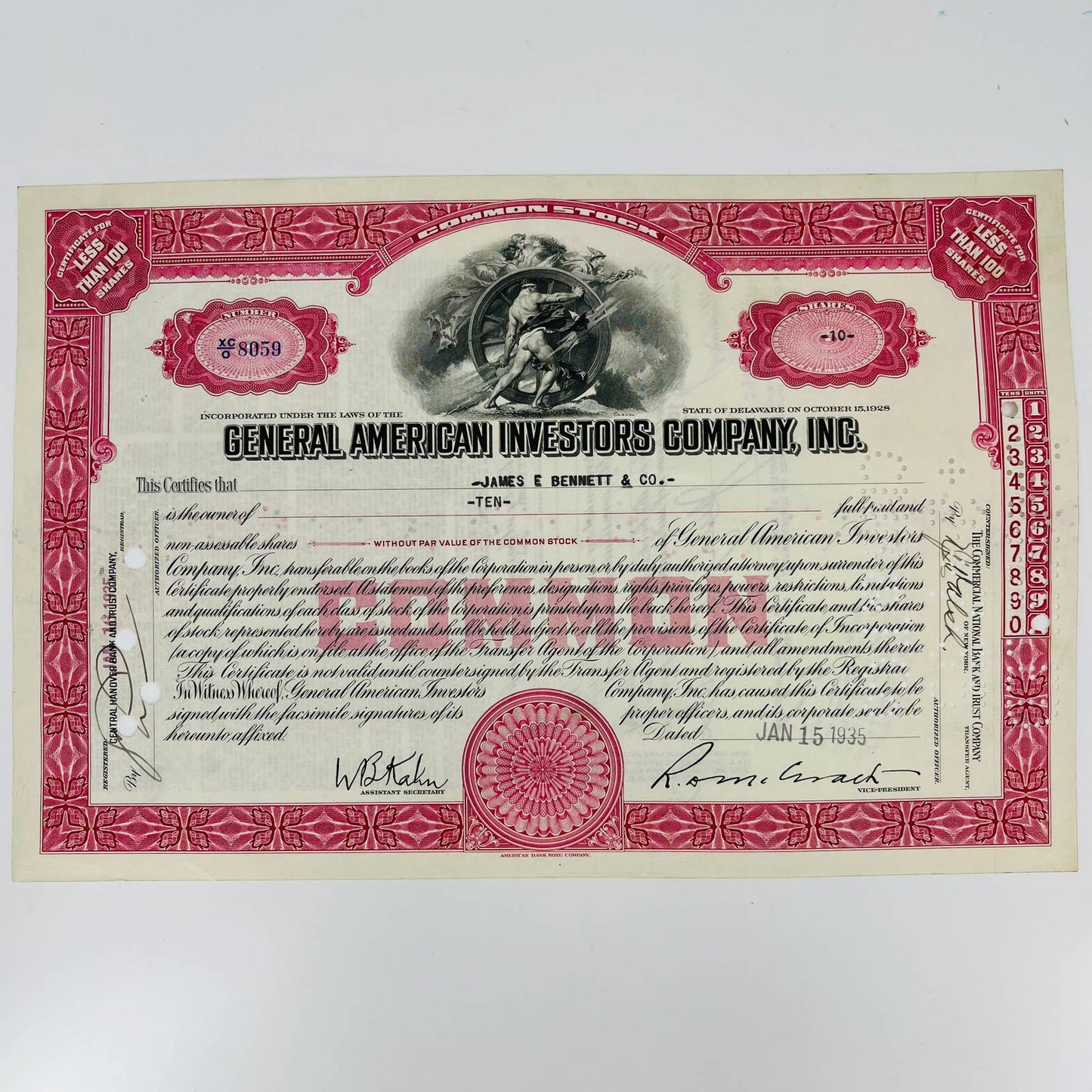 1935 General American Investors Company Inc. Bennett NY Stock Certificate BA4