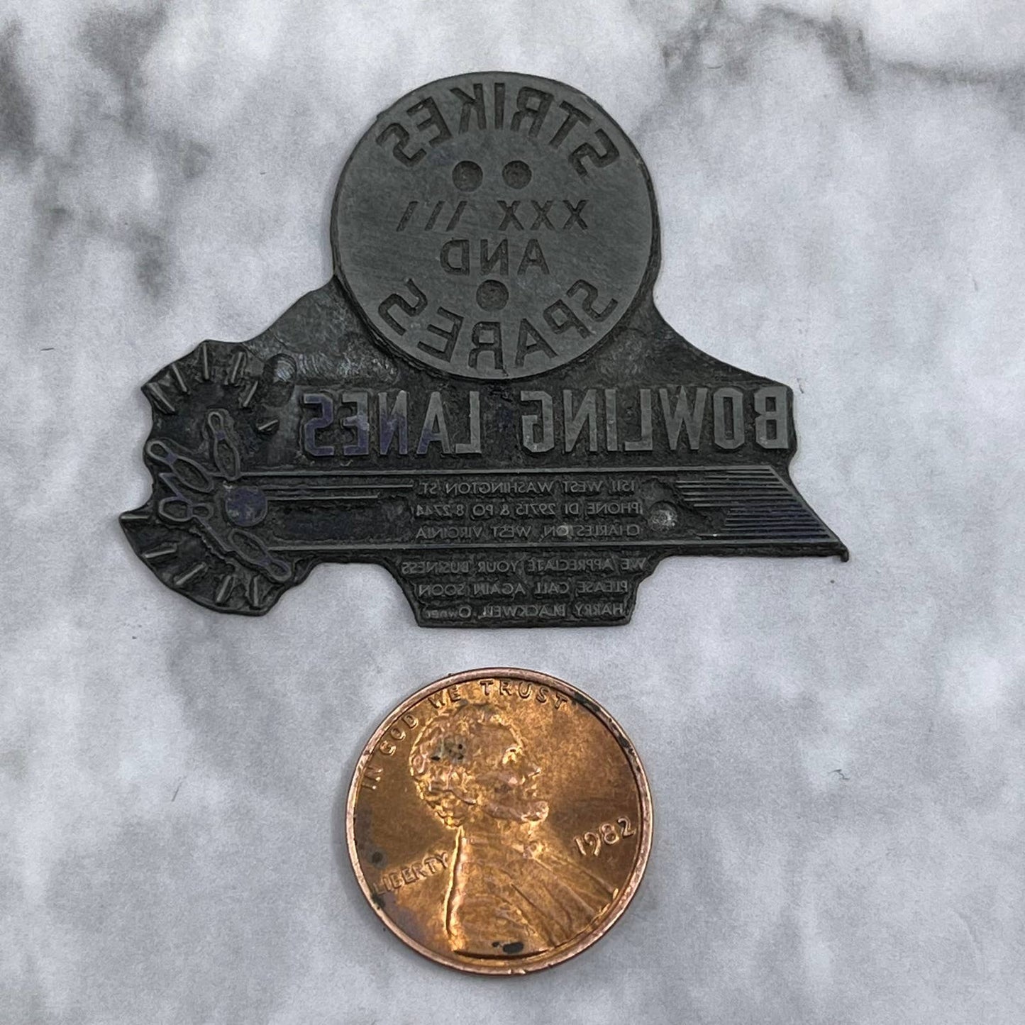 Vintage Printers Block Plate Strikes & Spares Bowling Lanes Charleston WV SE819