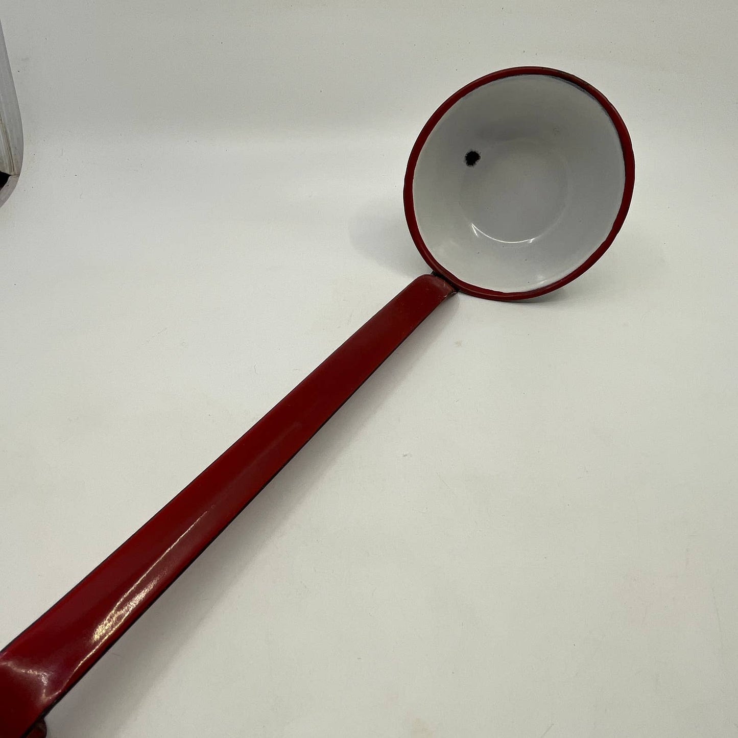 Vintage Enamelware Dipper Ladle White with Red Trim ~12” TH2