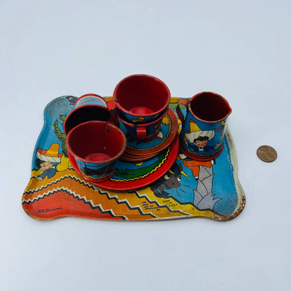 1940's Ohio Art Tin Litho The Little Mexican Boy Sombrero Bull Tea Set 14pc TD2