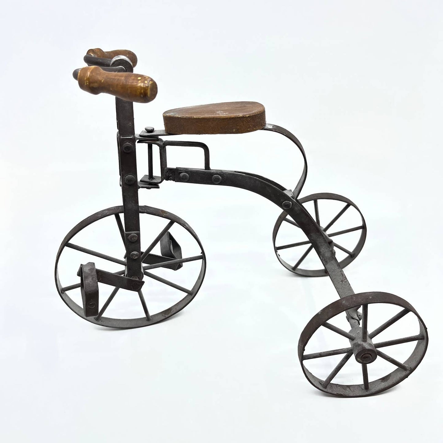 Vintage Hand Crafted Metal Wrought Iron Wood Tricycle Sculpture Toy Doll 12x9