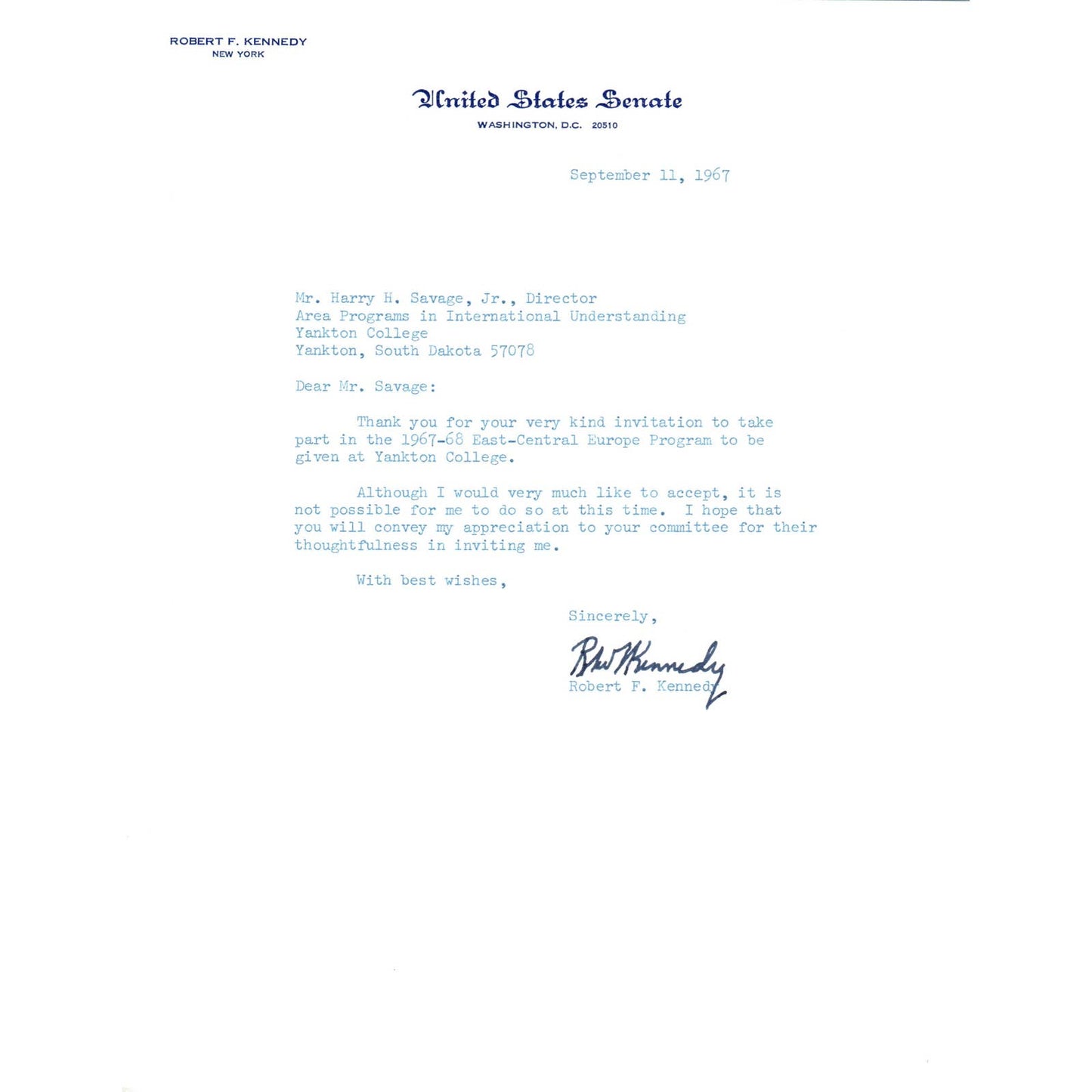 Robert F. Kennedy Signed Letter on United States Senate Stationery 1967 TK1-P6