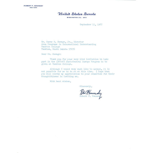 Robert F. Kennedy Signed Letter on United States Senate Stationery 1967 TK1-P6