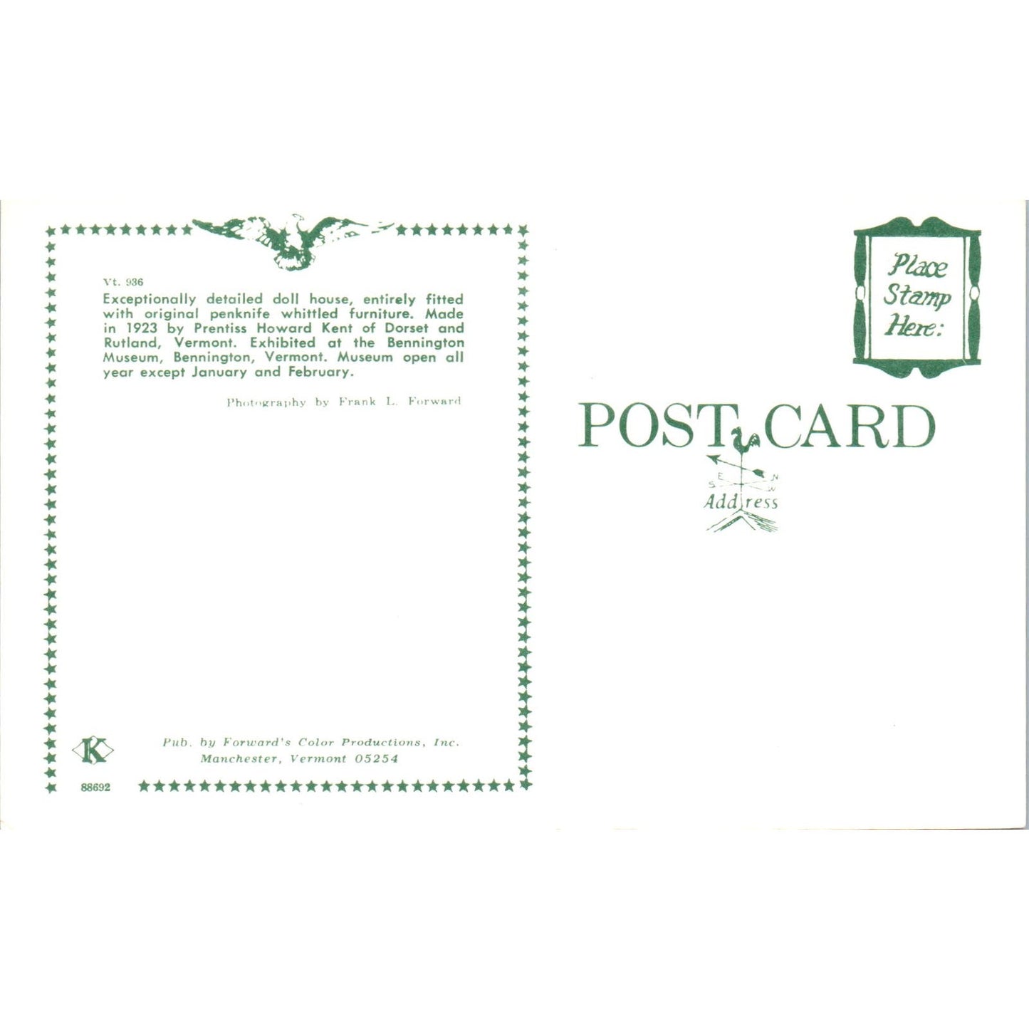 Prentiss Howard Kent Doll House Dorset & Rutland VT Original Postcard PB9