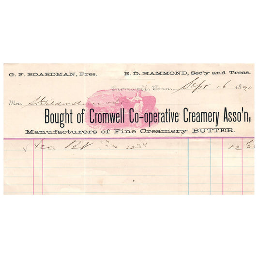 1890 Cromwell Co-operative Creamery Letterhead Billhead Boardman Cromwell CT AC9