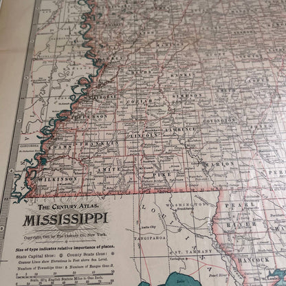 Antique 1897 The Century Atlas Map of Mississippi USA Engraved 12.5 x 17” FL5