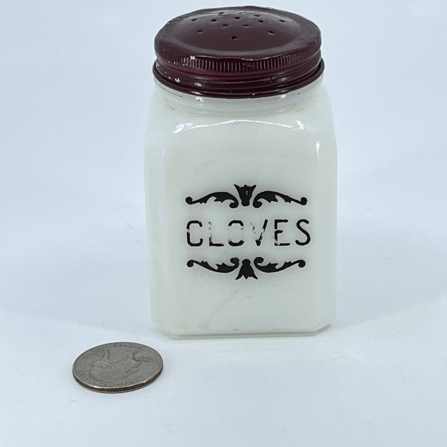 1940s Dove Brand Milk Glass Spice Jar Cloves Red Top 3” TE3