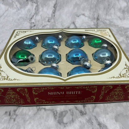 Shiny Brite 12 Vtg 1 3/4" Mercury Glass Ornaments Original Box Blue/Green TJ9