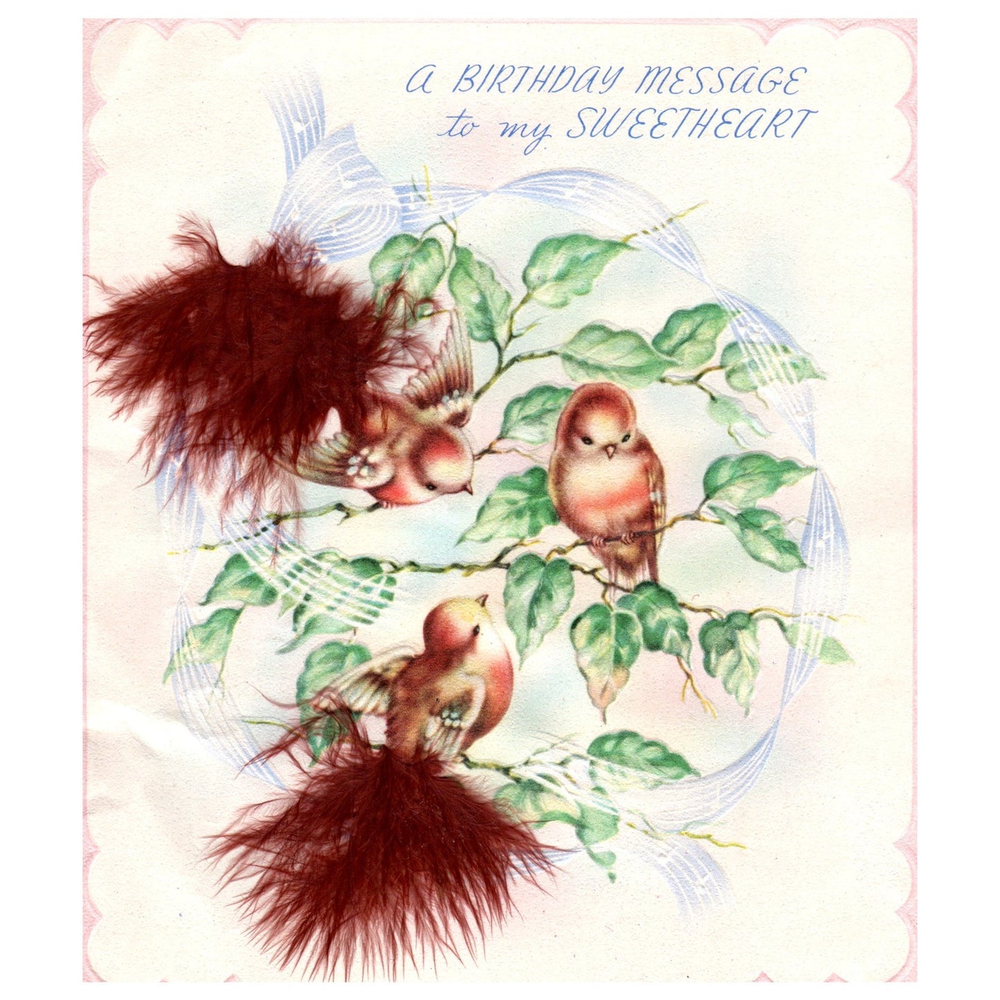 Vintage Greeting Card Birds Feathers Birthday - Double Glo H3-1