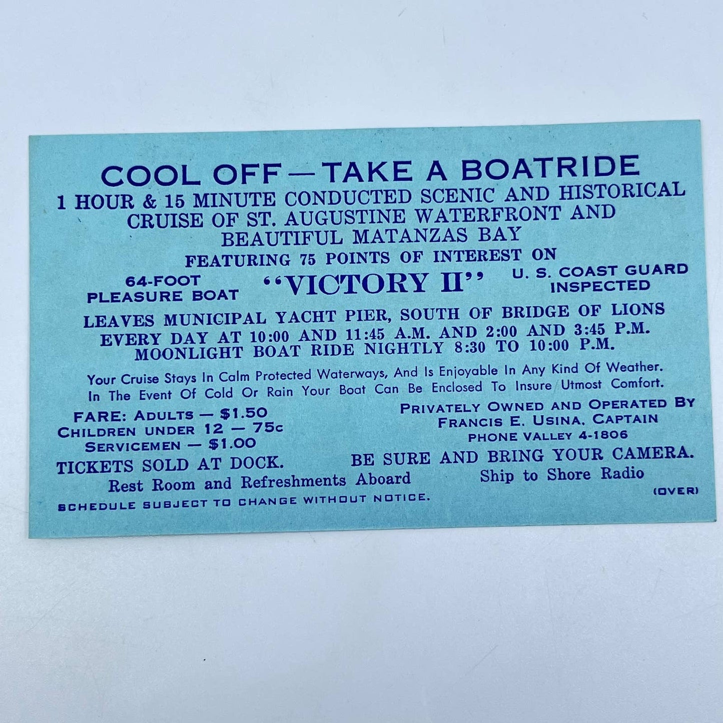 1950s St. Augustine FL Ad Card -Victory II Scenic Cruise Francis E. Usina AB2