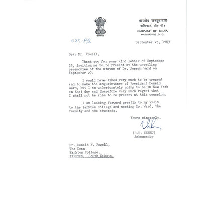 Embassy of India Official Letterhead Memo B.K. Nehru Ambassador Sep 1963 TK1-P11