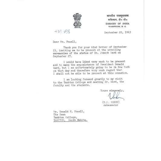 Embassy of India Official Letterhead Memo B.K. Nehru Ambassador Sep 1963 TK1-P11