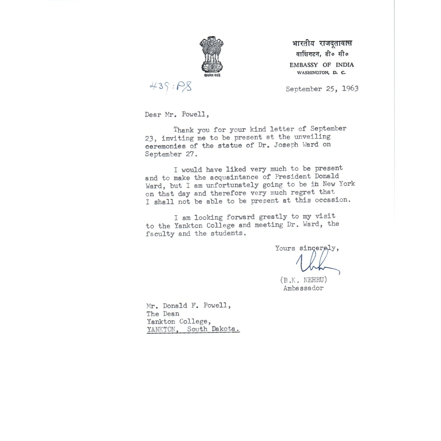 Embassy of India Official Letterhead Memo B.K. Nehru Ambassador Sep 1963 B15