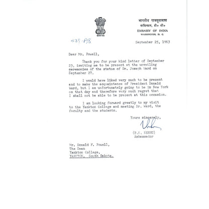 Embassy of India Official Letterhead Memo B.K. Nehru Ambassador Sep 1963 B15