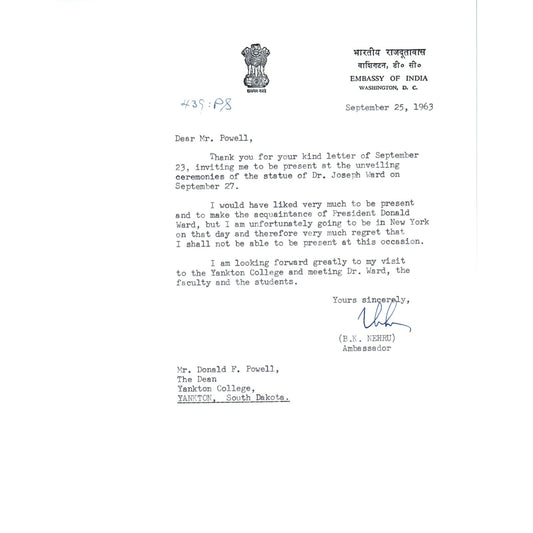 Embassy of India Official Letterhead Memo B.K. Nehru Ambassador Sep 1963 B15