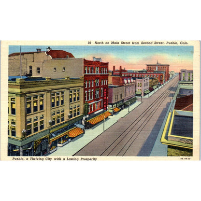 North on Main St. From 2nd Street Pueblo Colorado Original Postcard TK1-28