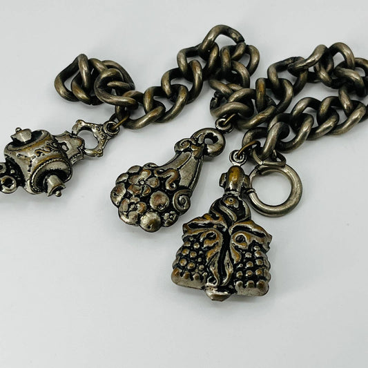 Vintage Asian Charm Bracelet Chain Link House Bouquet Scroll 7” SB2