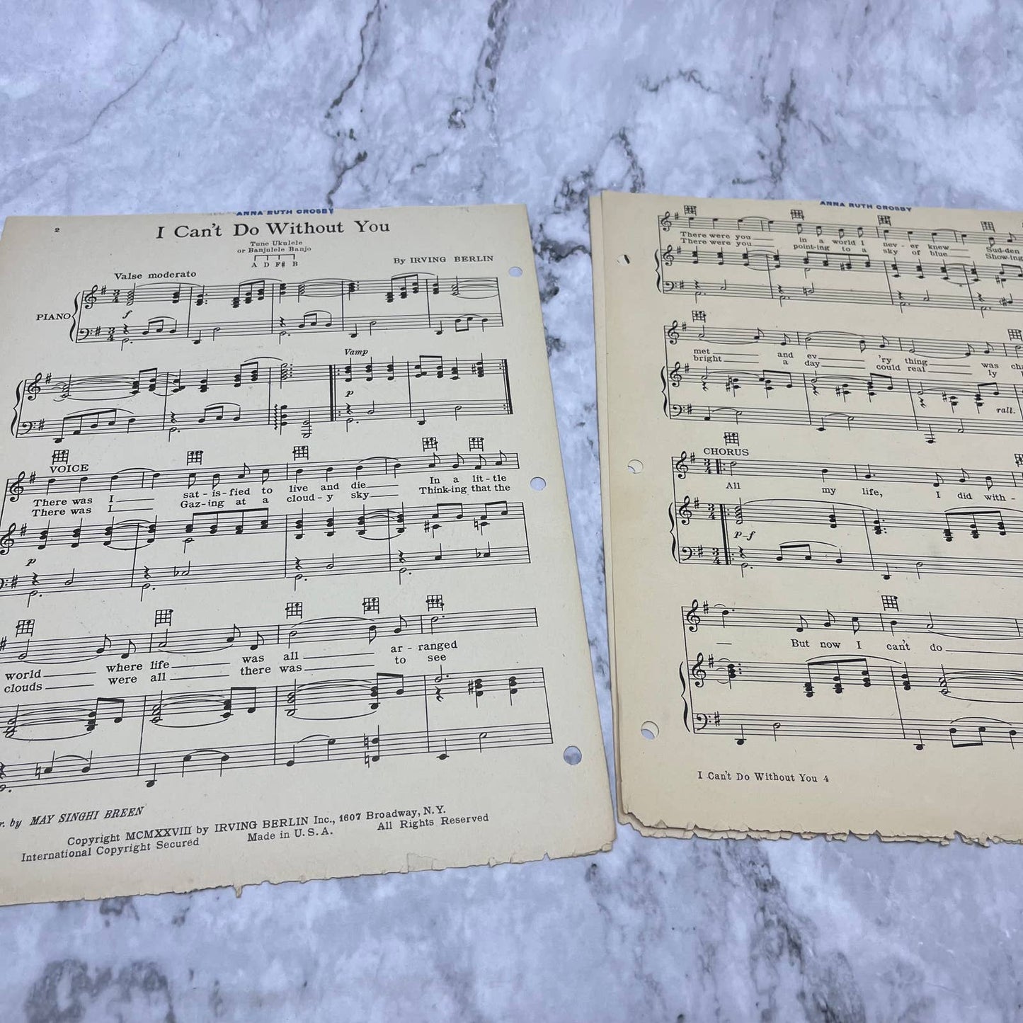 1928 I Can't Do Without You By Irving Berlin Vintage Sheet Music TJ4