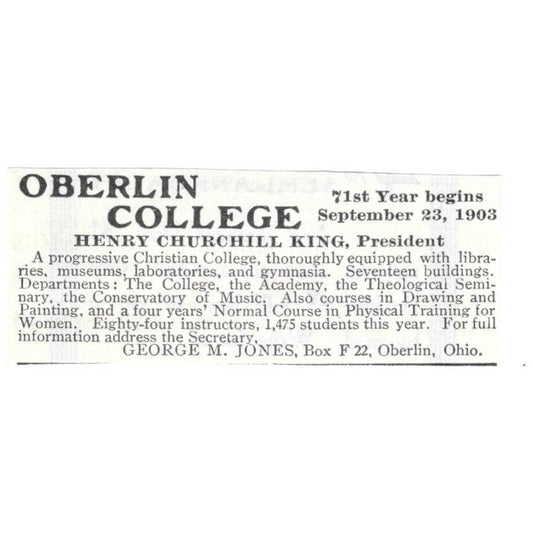 Oberlin College Henry Churchill King George M Jones Ohio - 1903 Ad TJ8-7-3