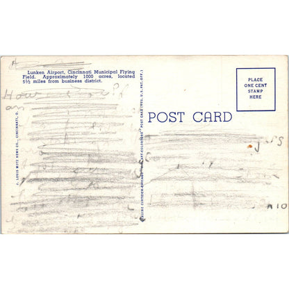 Vintage Postcard Lunken Airport as Seen From Alms Park Cincinnati OH TD8-O2