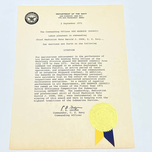 1971 US Navy Letter of Commendation USS Haddock PB Grozen Harold J Cook AB8