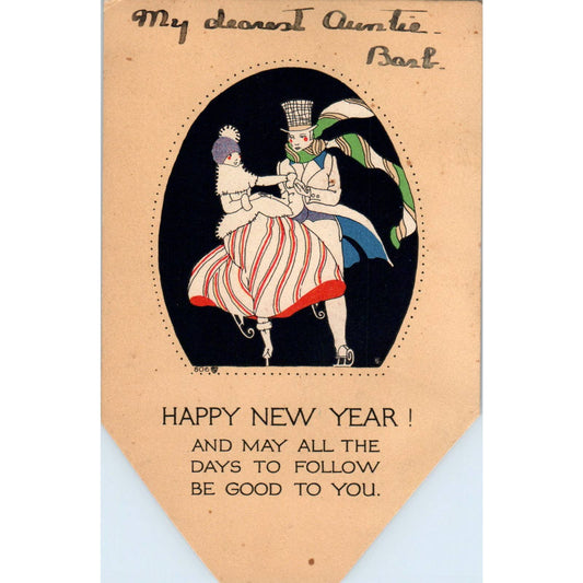 1920s Postcard Christmas Happy New Year Skaters Art Deco SE5