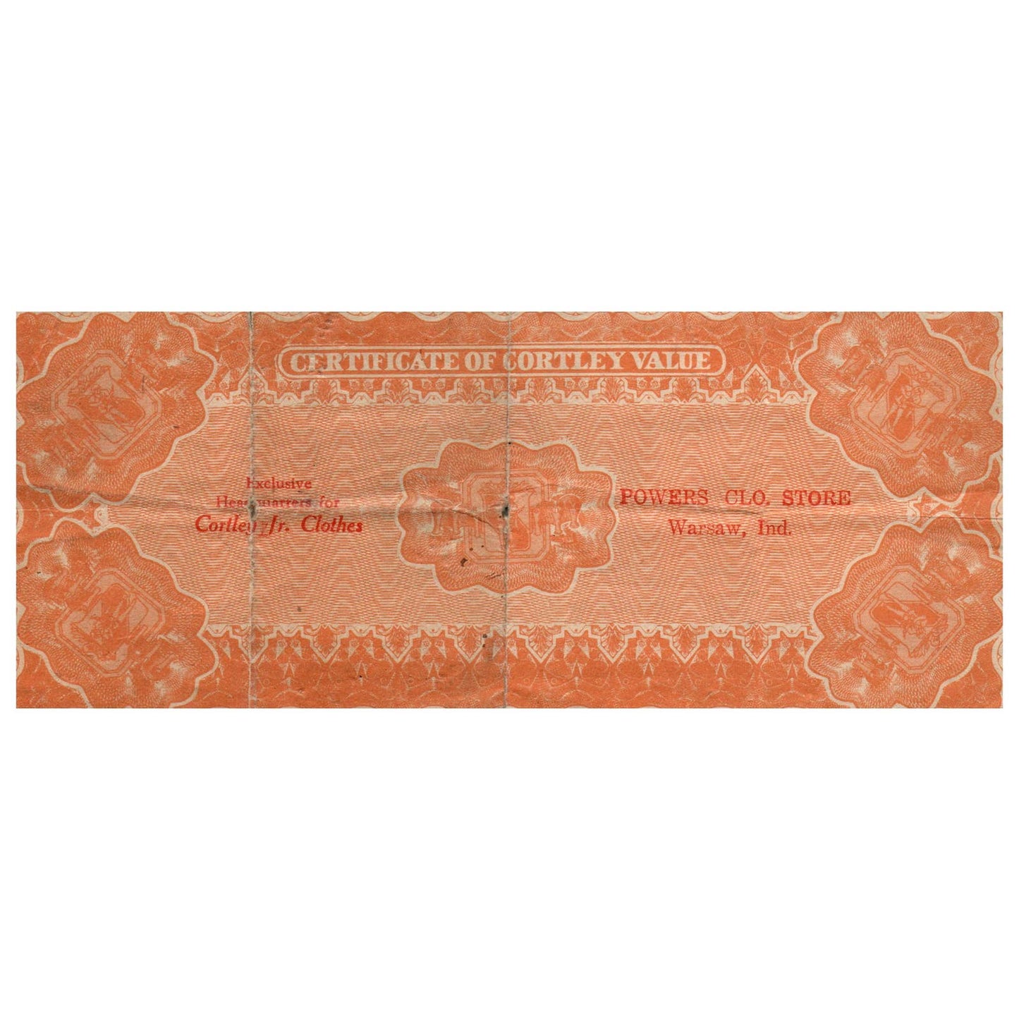 Antique Certificate of Value Cortley Jr. - Powers Clothing Store Warsaw IN SF3-5