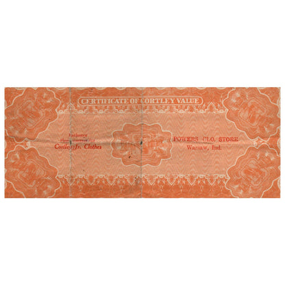 Antique Certificate of Value Cortley Jr. - Powers Clothing Store Warsaw IN SF3-5