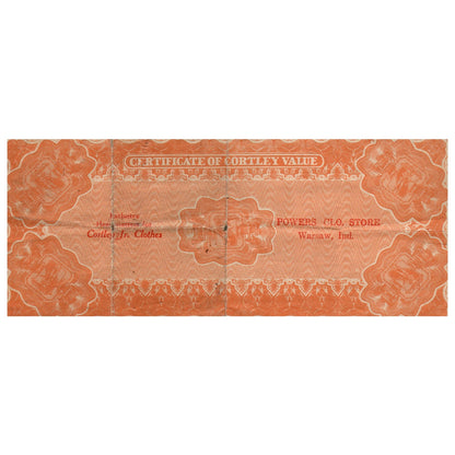 Antique Certificate of Value Cortley Jr. Powers Clothing Store Warsaw IN TH2-SF1