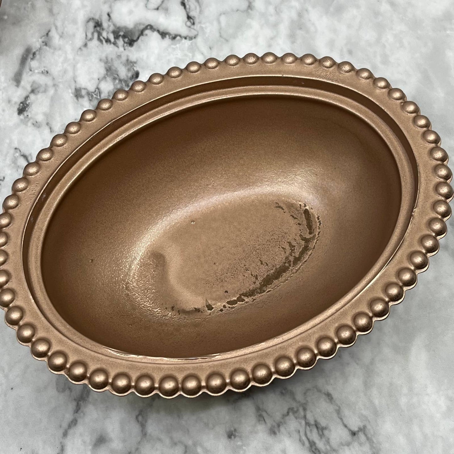 Vintage Rose Gold Glass Nesting Hen On Nest Candy Dish 5x7” TJ8