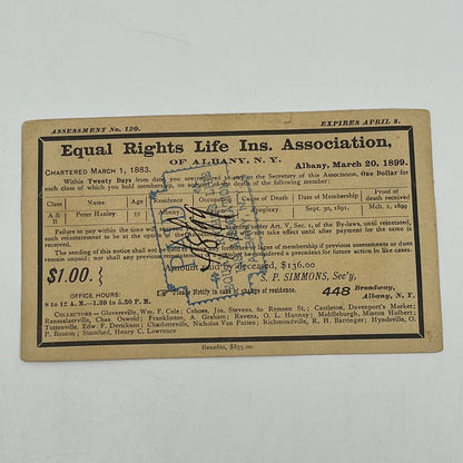 1899 Postal Card Equal Rights Life Insurance Association Albany NY SC5