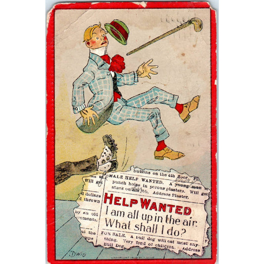 1910 Help Wanted I'm All Up In The Air Original Postcard TK1-25