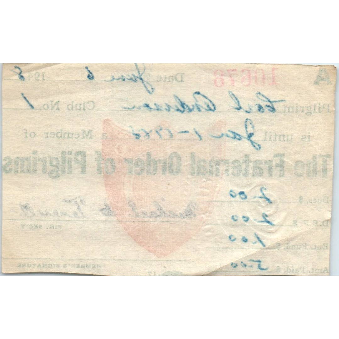 1948 Fraternal Order of Pilgrims Milwaukee Membership Card Carl W.K Anderson SE5