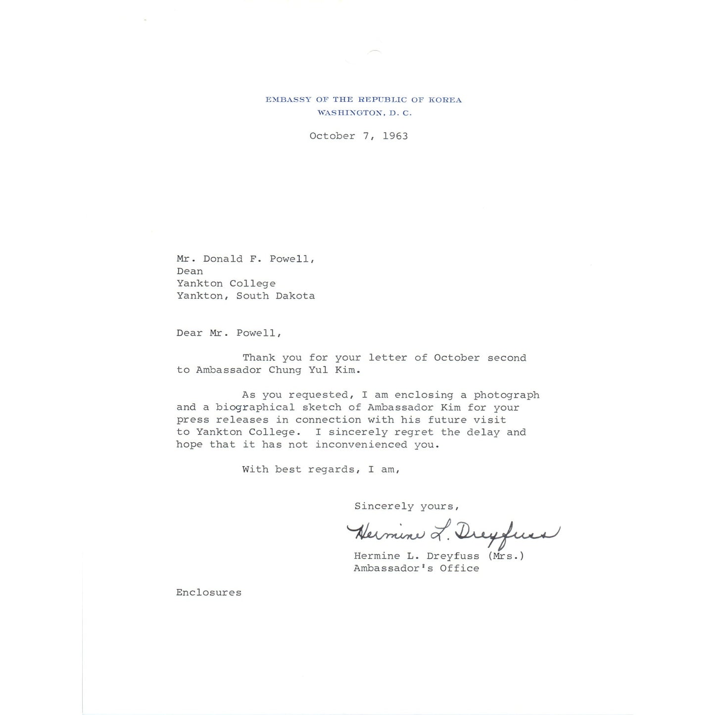 Embassy of the Republic of Korea Letterhead Memo Hermine Dreyfus 10/7/63 B14
