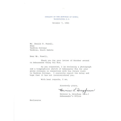 Embassy of the Republic of Korea Letterhead Memo Hermine Dreyfus 10/7/63 B14