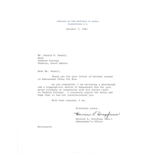 Embassy of the Republic of Korea Letterhead Memo Hermine Dreyfus 10/7/63 B14