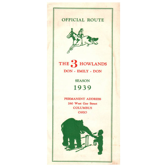 1939 The 3 Howlands Circus Official Route Christmas Card Brochure Ohio SE4