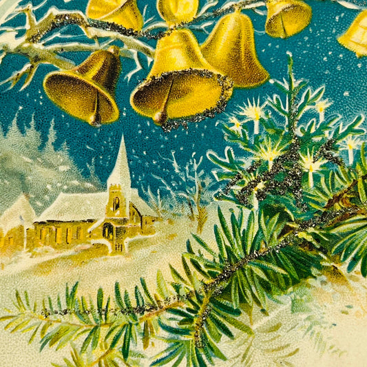 1910s Christmas Post Card Embossed Mica Church Bells Pine Bough Snowy Starry PA4