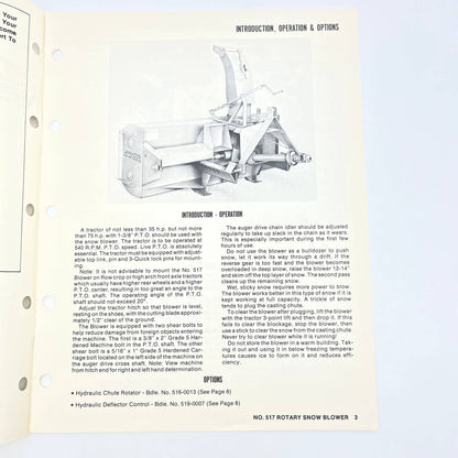 Original 1981 New Idea Manual 517 3 Point Hitch Rotary Snow Blower RS-517 TB9