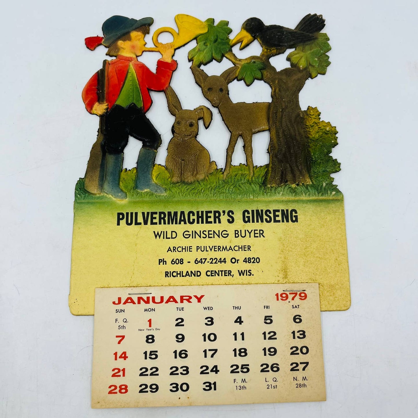 1979 Die Cut Embossed Calendar Pulvermacher Ginseng Buyer Richland Center WI TD3