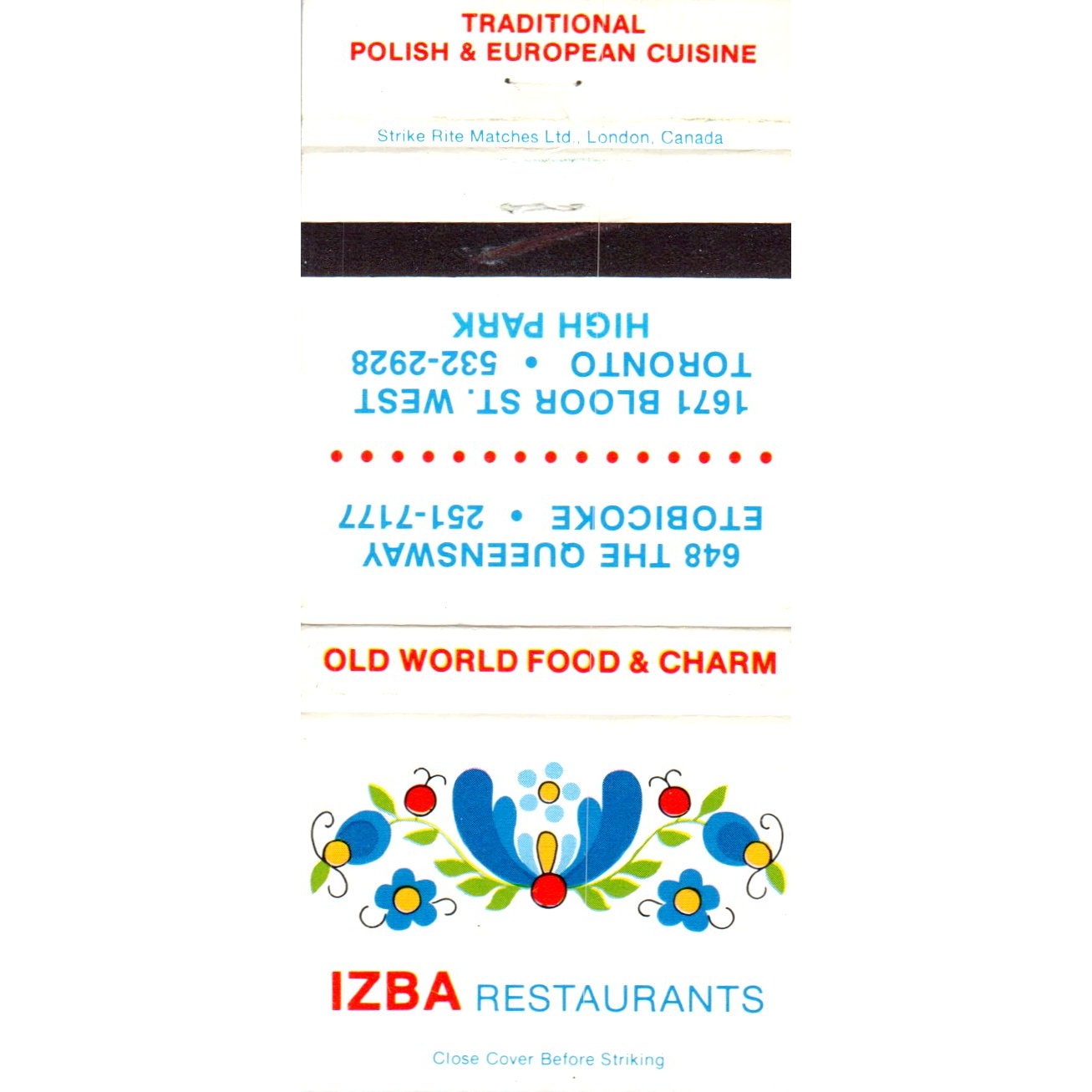 Izba Restaurants Polish & European Toronto Advertising Matchbook Cover MM9-7