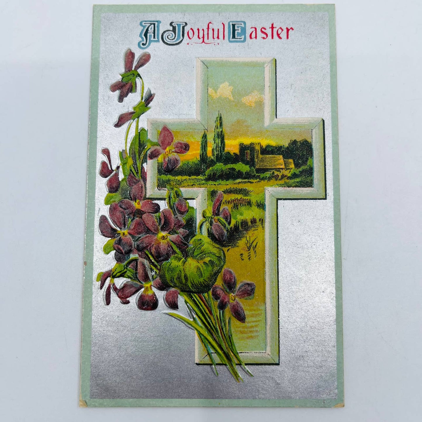 1910s Easter Post Card Silver Cross Church Scene Violets PA5