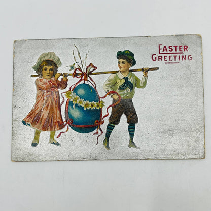 1910s Easter Post Card Embossed Silver Background Boy & Girl Carry Giant Egg PA5