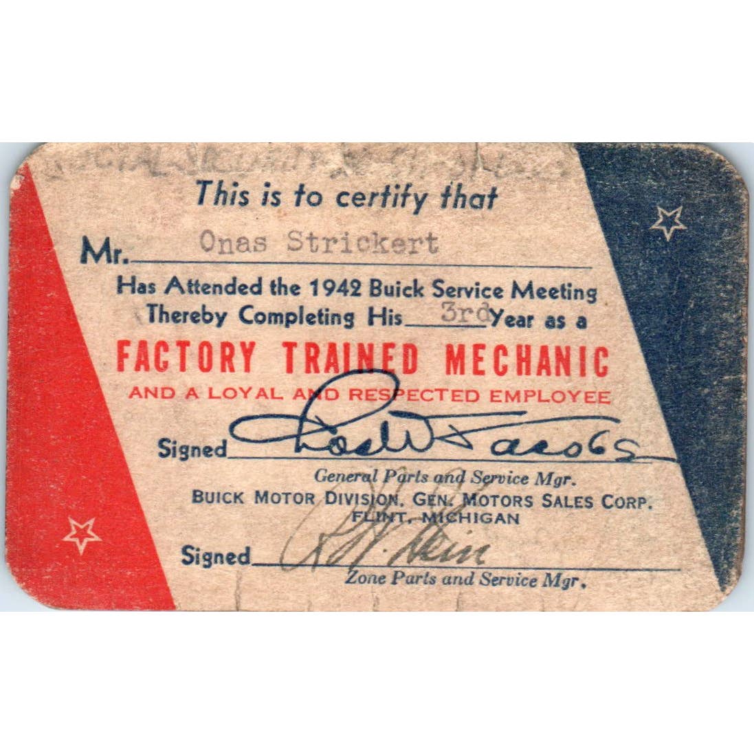1942 Buick Factory Trained Mechanic Certification Card Omas A. Strickert SE4