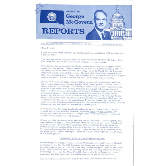 Senator George McGovern Reports Newsletter Jan 1968 Original TK1-P7