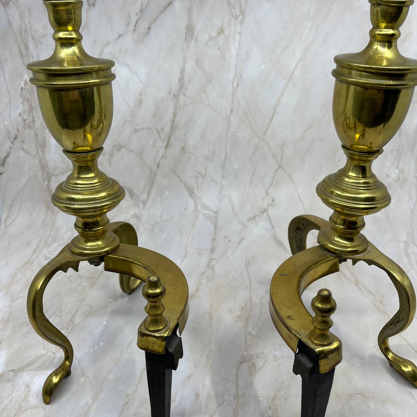 Vtg Federal Style Brass & Cast Iron Fireplace Andirons Fire Dogs 13” Tall TJ1
