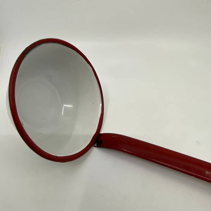 Vintage Enamelware Dipper Ladle White with Red Trim ~12” TH2