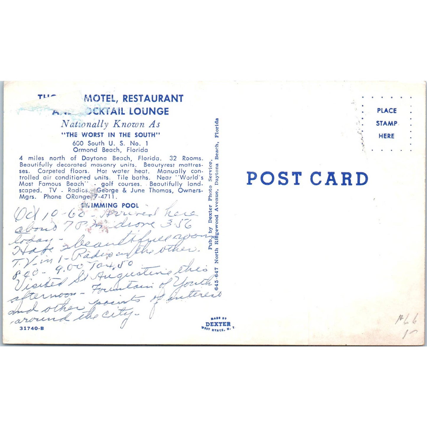 Thomas Motel, Restaurant and Cocktail Lounge Ormond Beach FL Postcard TK1-P12