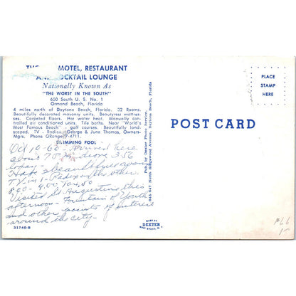 Thomas Motel, Restaurant and Cocktail Lounge Ormond Beach FL Postcard TK1-P12