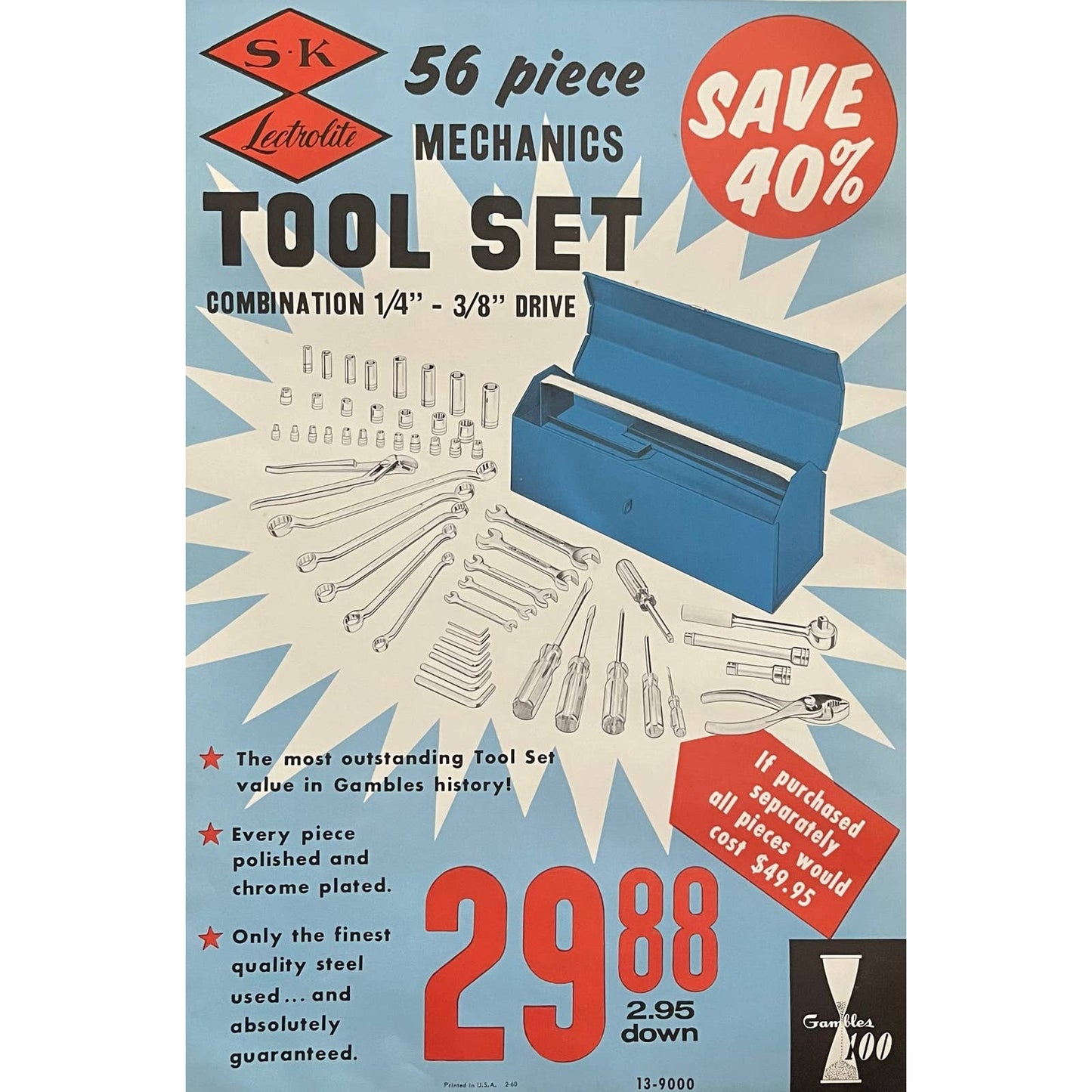 1960 S-K Lectrolite Mechanics Tool Set Gambles 100 Store Display Poster 13.5x20